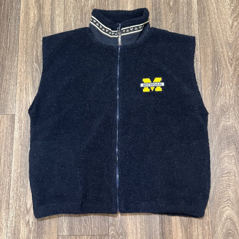 VTG Michigan Wolverines Vest Men's XL Blue Sherpa Embroidered 90s USA Sportswear